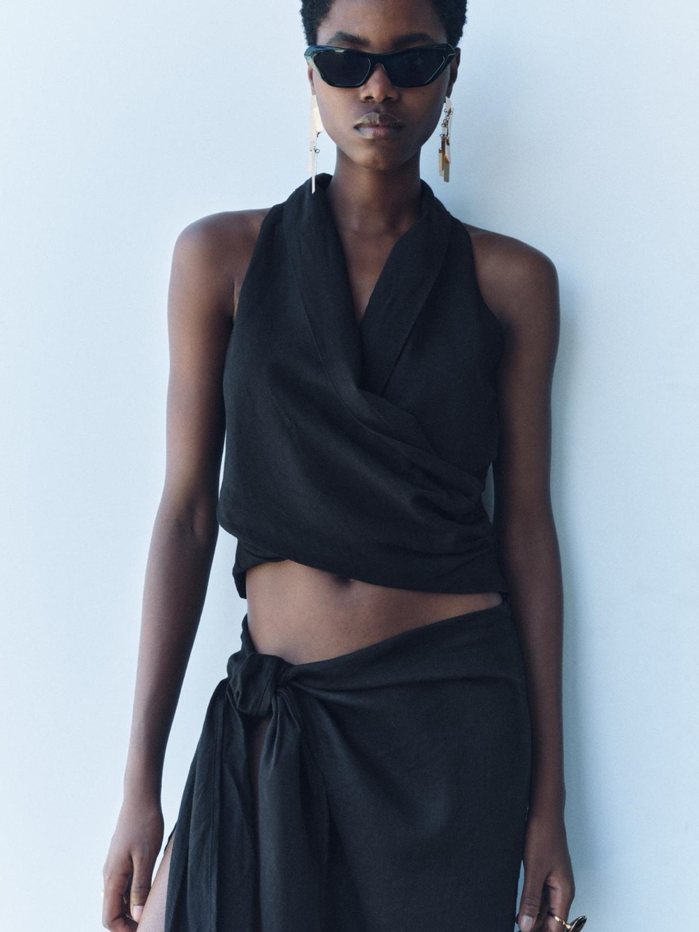 Zara Black Wrap Style Linen Blend Halter Crop Top